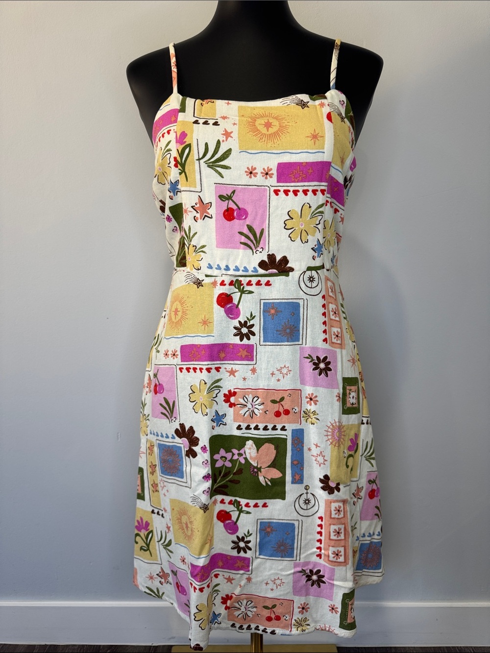 Monteau White Mini Dress with Pink, Yellow & Blue Patchwork Print